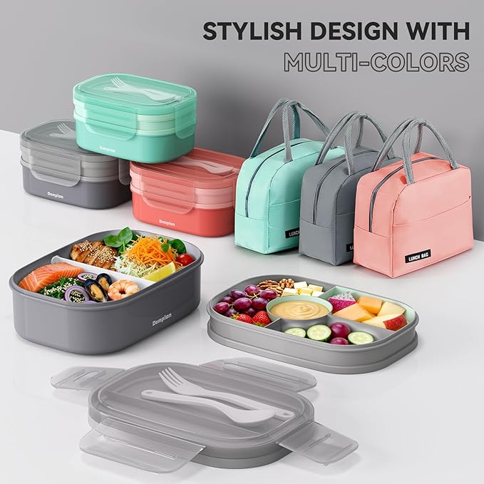 2 Layers Bento Box, All-in-One Stackable Lunch Container with Compartments