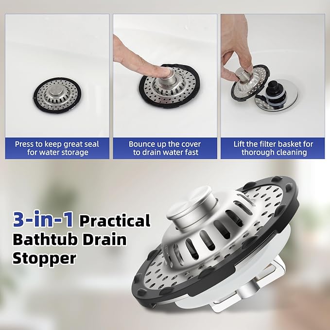 Universal Bathtub Drain Stopper Shower Drain Hair Catcher, Tub Stopper with Visible Top Strainer