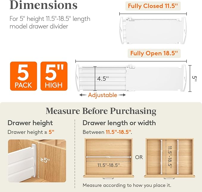5" Tall 5 Pack Drawer Dividers