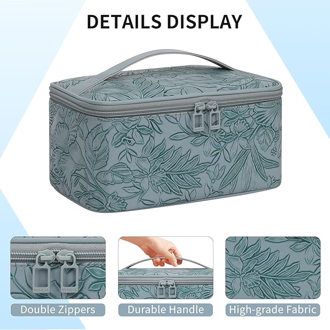 OCHEAL Makeup Bag,Travel Makeup Organizer Bag, Large Capacity Cosmetic Bags for Women Large Travel Toiletry Bag for Girls Traveling With Brush Slot And Divider-Blue Floral
