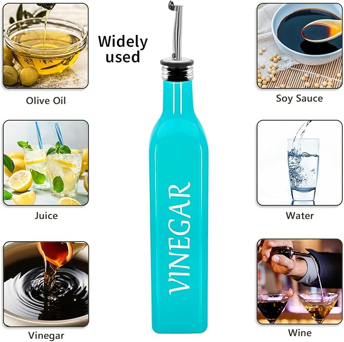 1 Pc 17oz Olive Dispenser Bottle,500ml Glass Oil and Vinegar Dispenser Set with 1 Stainless Steel Pourers,Funnel Bottles for Kitchen (Turquoise Vinegar)