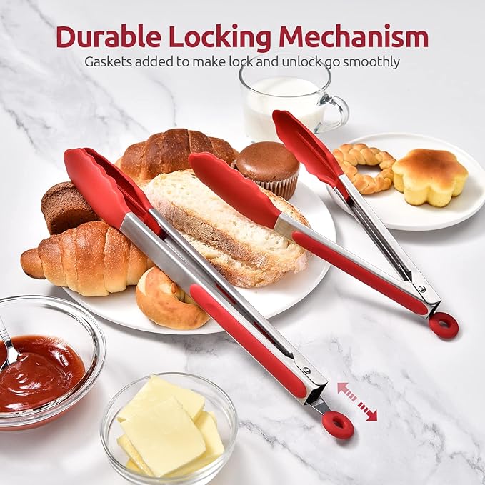 600ºF Heat Resistant Kitchen Tongs: U-Taste 9+12 inch Silicone Cooking Tong Set with Firm Sealed Non Stick Rubber Tips and Silicon Coated 18/8 Stainless Steel Handle for Serving Grilling Salad(Red)