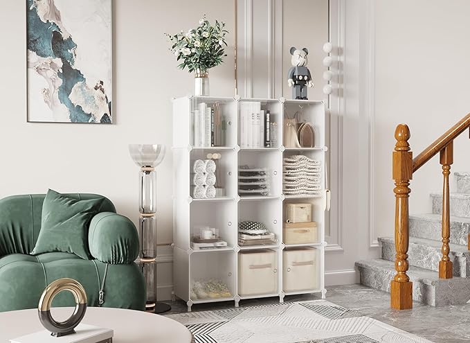 AWTATOS Cube Storage Closet Organizer 12 Cube Storage Shelves with Doors Closet Organizers and Storage Stackable Clothes Organizer for Bedroom, Home Office, White