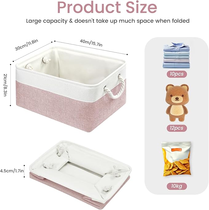 Large Storage Baskets- 15.7x11.8x8.26 inch Storage Bins for Shelves and Closet Organizing, Foldable Fabric Bin for Home Organization Clothes and Laundry (6-Pack, White&Pink)