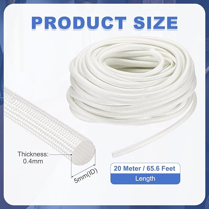uxcell Insulation Cable Protector,5mm/0.20 Inch-20m/66 Feet High Temp Fiberglass Sleeve White