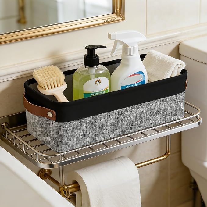 Bagnizer Small Fabric Storage Baskets, 15x6x5 inch Narrow Storage Bins 4-Pack Long Storage Basket for Organizing with Handles
