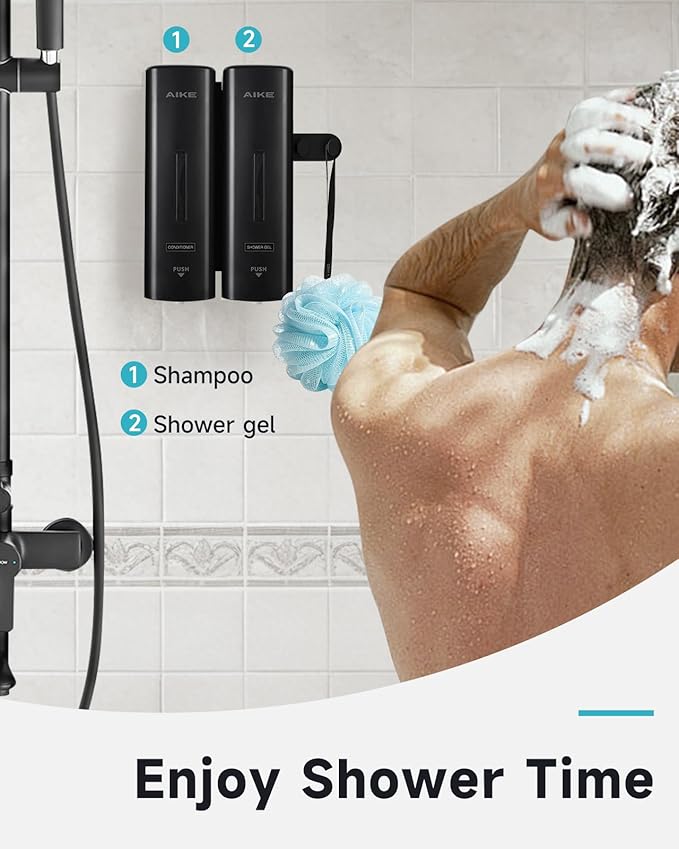AIKE 2 Chambers Shower Shampoo and Conditioner Dispenser 2 x 11.8 fl.oz. for Bathroom(Black)