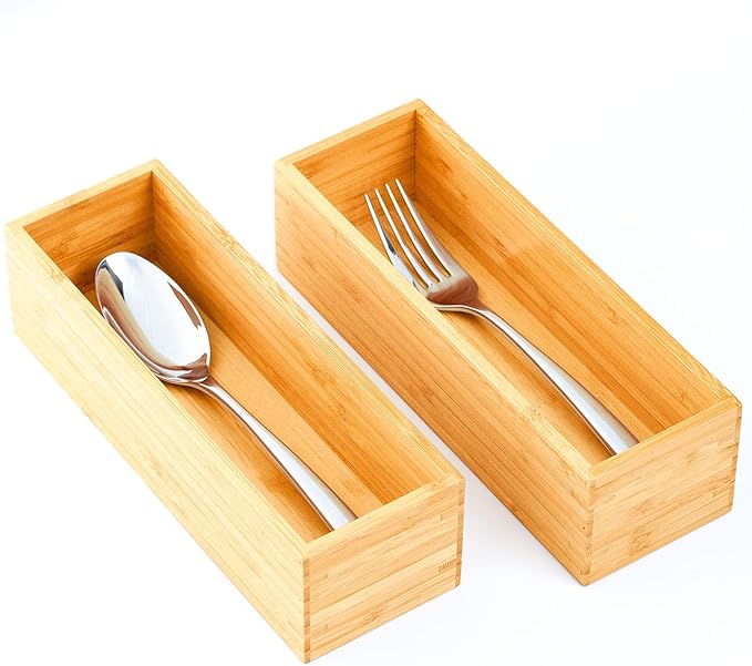 Umilife Bamboo Kitchen Drawer Organizer, Extra High Silverware Tray, Flatware Cutlery Storage Box, Multi-Use Holder in Office, Bathroom, Pantry - 9"x3"x2.5" (Set of 2)