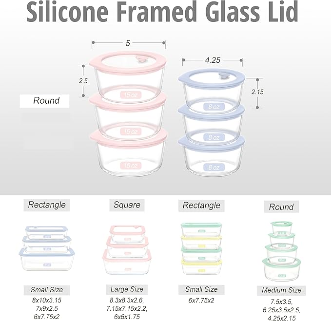 Urban Green Glass Food Container Set with Glass Lid, 6 Pack, Meal Prep Containers with Silicone Framed Airtight Lid, Leakproof, 100% Plastic Free,