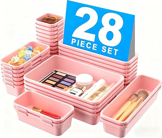 【Military Grade】A-LuGei Drawer Organizer,【𝟱𝗦𝗶𝘇𝗲】Makeup organizer,【Holds 177 Items】Bathroom Organizers and Storage,Organization and Storage,Desk Drawer Organizer for Vanity【Pink】