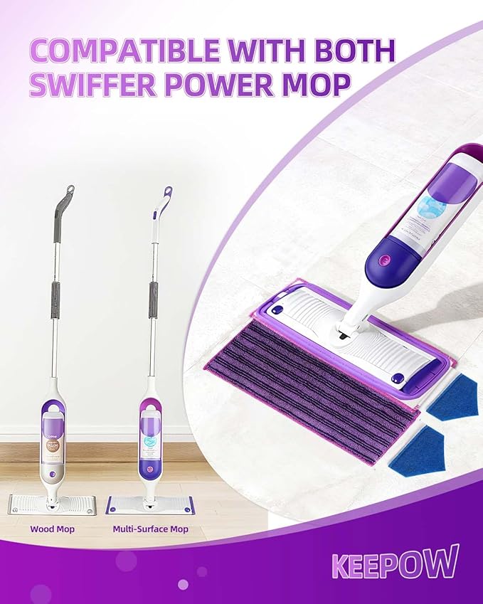 KEEPOW Power Mop Pads with Extra Scrubbing Pads Compatible with Swiffer PowerMop Refills Microfiber Wet Mops Refill Reusable Power Mop Pads Refill Deep Cleaning Hard Floor Mop Pads Replacement 8PCS