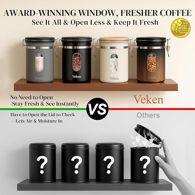 Veken Coffee Canister with Window,Airtight Stainless Steel Kitchen Food Storage Container, Date Tracker & Scoop for Grounds Coffee, Beans, Tea, Flour