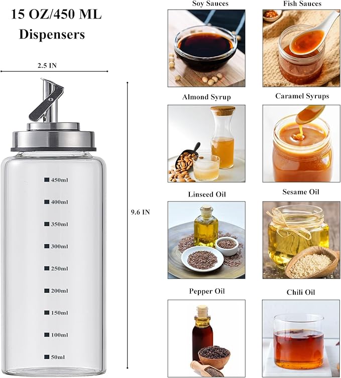 Verdental 15 oz Glass Olive Oil Dispenser Bottle with Stainless Steel Pourer Spout for Cooking Oil, Syrups, Vinegar, Sauces, Wines with Non-slip Silicone Ring and Labels (450 ML)