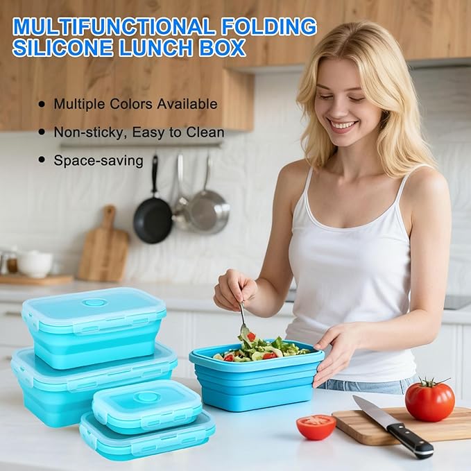 Collapsible Silicone Food Storage Containers 4 Set Airtight Leak Proof Food Containers with Lids Meal Prep for Microwave Freezer Dishwasher for Kitchen Camping Office Sky Blue
