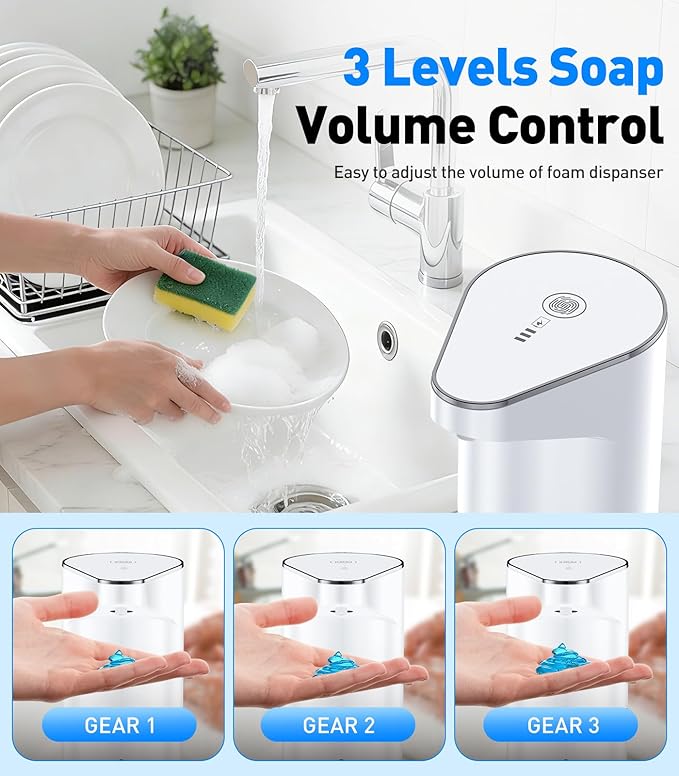 Automatic Soap Dispenser Touchless, 3-Level Adjustable 1200mAh, 13oz/350ml Wall or Countertop Mounted, Modern Electric Hand Soap Dispenser for Kitchen, Bathroom, Kids & Family - White