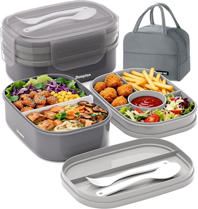 2 Layers Bento Box, All-in-One Stackable Lunch Container with Compartments