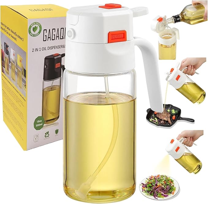 18oz/500ml High-Borosilicate Glass Oil Sprayer for Cooking, Olive Oil Dispenser Bottle,2 in 1 oil Dispenser with Portion Control for Salad, Frying, BBQ (WHITE)