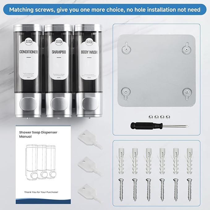 Shampoo and Conditioner Dispenser, Refillabe Shower Soap Dispensers 3 Chamber No Drill Shampoo Dispenser for Shower Wall Mounted 3 * 300ml Container for Bathroom Hotel (Sliver 3 Chamber)