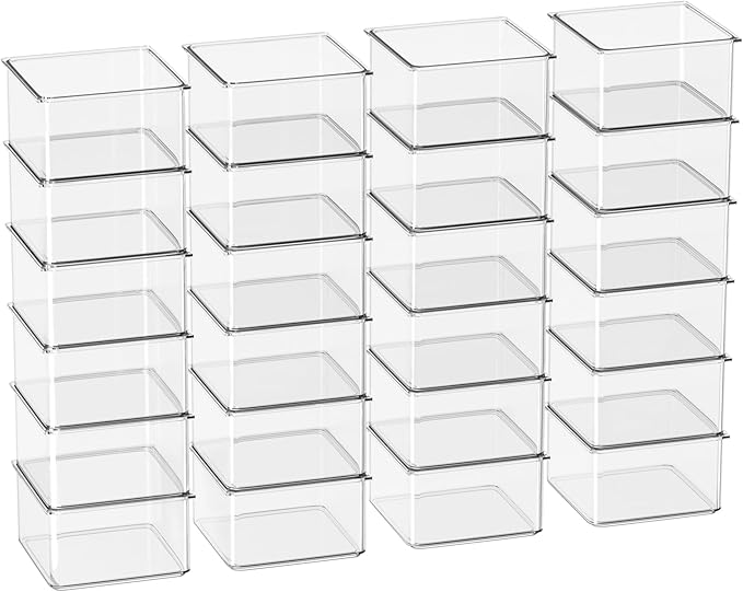 Hudgan 24 Pcs Small Drawer Organizer BinsSet, Stackable Drawer Divider Trays for Makeup Vanity, Bathroom, Office Desk, Straight Sides Tray Perfect for Craft Supplies, Cosmetics
