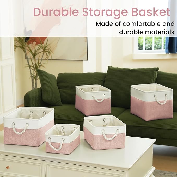 Large Storage Baskets- 15.7x11.8x8.26 inch Storage Bins for Shelves and Closet Organizing, Foldable Fabric Bin for Home Organization Clothes and Laundry (1-Pack, White&Pink)