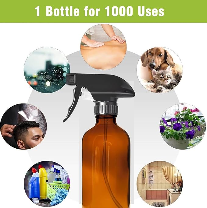 8OZ Amber Glass Spray Bottles - 2 Pack - Empty Refillable Bottle for Essential Oils, Plants, Cleaning Solutions, Hair Mister - Durable Nozzle w/Fine Mist and Stream Setting