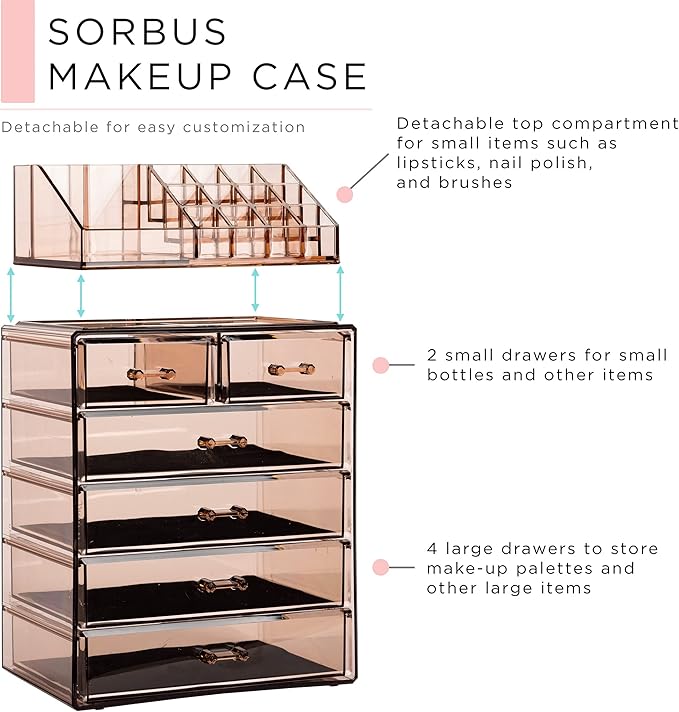 Sorbus Acrylic Makeup Organizer Set, 6-Drawer Vanity & Countertop Cosmetic Storage with Small & Wide Compartments, Bronze Glow Makeup Storage for Brushes, Jewelry – Holiday Gift for Women & Teens