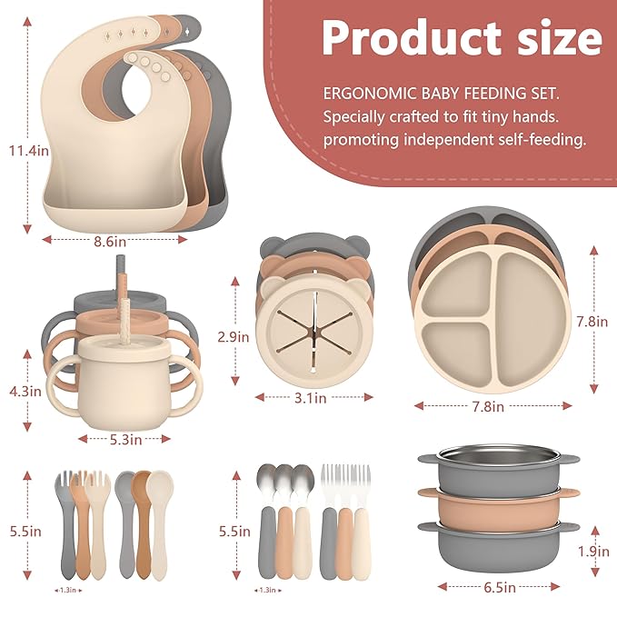 27 Pack Silicone Baby Feeding Set, Hepotk BPA-Free Food Grade Baby Feeding Essentials Utensils, Second Stage Baby Food Eating Utensils, Set of 3 babies((Brown, Beige, Grey)