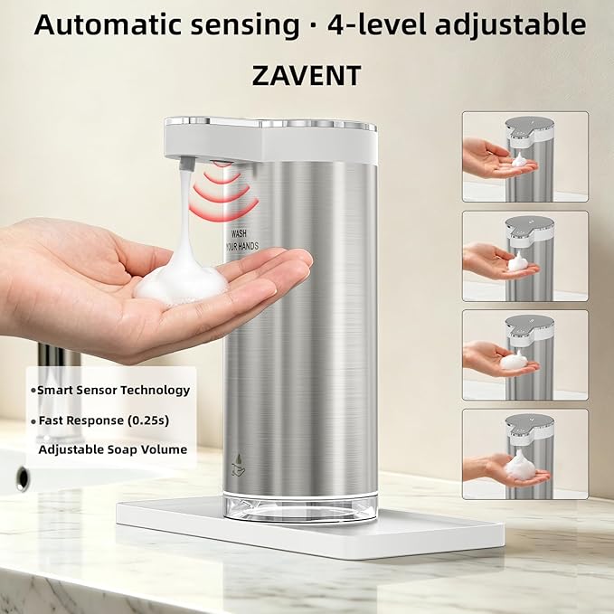 ZAVENT™ Touchless Automatic Soap Dispenser with Compact Black & White Organizer Tray for Kitchen & Bathroom Countertop, Stainless Steel Sensor Dispenser, Modern Design