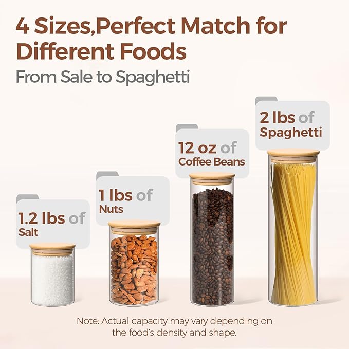 ComSaf Glass Food Storage Jars Set of 6, Clear Glass Storage Containers with Lids, Canisters Sets for the kitchen, Spaghetti, Pasta, Flour, Nuts, Oat