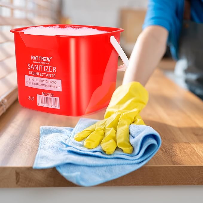 Matthew Red&Green&Blue Detergent and Sanitizing Cleaning Bucket 8 Quart Cleaning Pail,Set of 3 Square Containers,Built-In Spout w/Handle,Wash Rinse Sanitize Handwash Bucket,Incl.3Pcs Microfiber Cloths