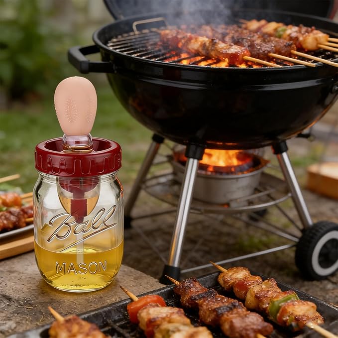 Oil Sprayer for Mason Jars 70mm, Oil Brush Dispenser for Salads, Grilling, Frying，3 IN 1 Oil Dispenser Bottle with Silicone Basting with Separate old oil(Glass Jars Not Included) (4, Wine Red, 70MM)