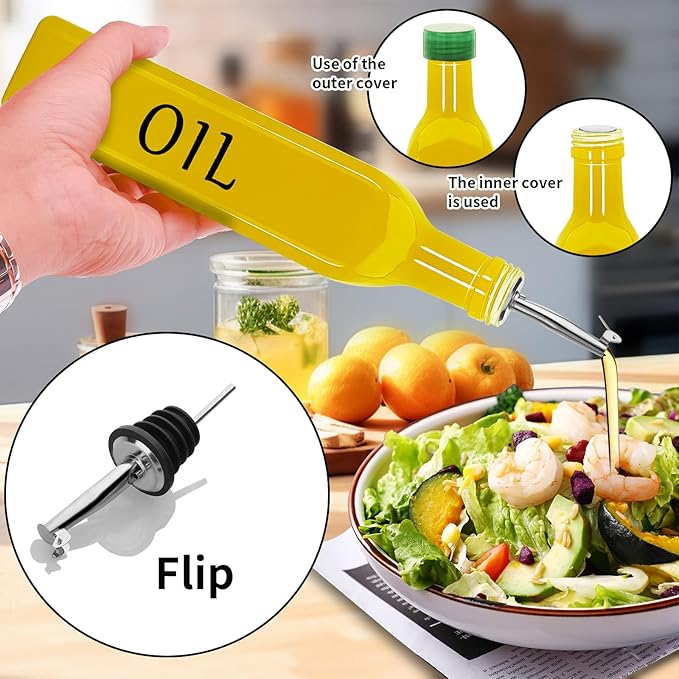 1 Pc 17oz Olive Dispenser Bottle,500ml Glass Oil and Vinegar Dispenser Set with 1 Stainless Steel Pourers,Funnel Bottles for Kitchen (Yellow Oil)