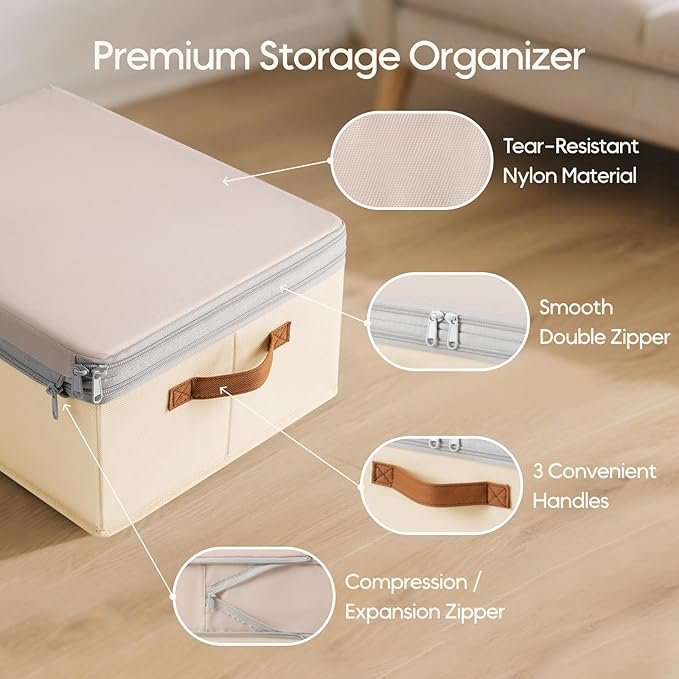 Homsorout Large Closet Storage Bins - Compression Organizer Bins, Stackable Closet Organizer, Expandable Under Bed Storage Containers for Clothes, Towels, Sheet, 4 Pack, Beige