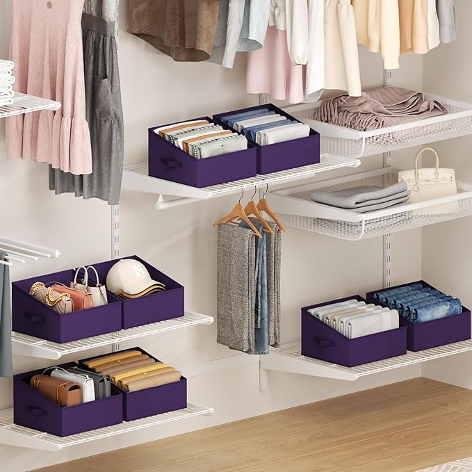 Closet Storage Bins 6 Pack, Fabric Storage Baskets for Shelves, Purple