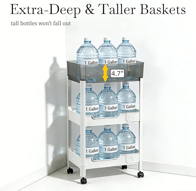 3 Tier Rolling Cart with Wheels 4.7'' Deep Baskets Bathroom Storage Shelf Heavy
