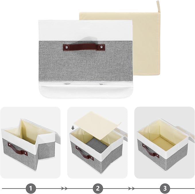 ANMINY Storage Boxes with Lids Washable Decorative Storage Bins Basket with PU Leather Handle Foldable Linen Fabric Storage Cubes Containers for Home