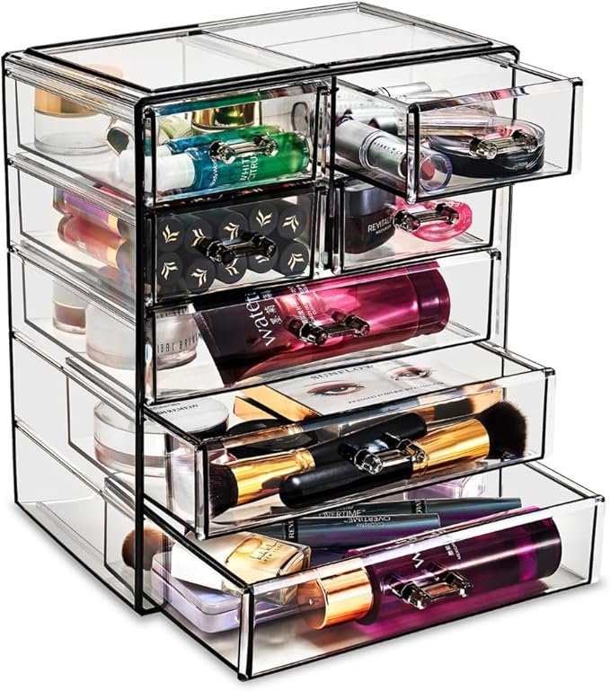 Sorbus Acrylic Makeup Organizer Set, 7-Drawer Vanity & Countertop Cosmetic Storage with Small & Wide Drawers, Black Jewel Makeup Storage for Brushes