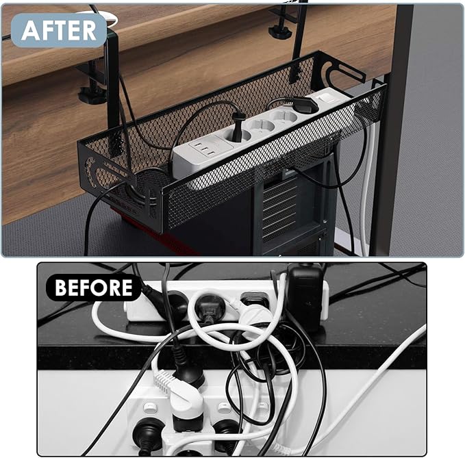 Under Desk Cable Management Tray, Cable Management Under Desk No Drill, Wire Management Tray with Clamp, Cord Organizer for Home Office, Black