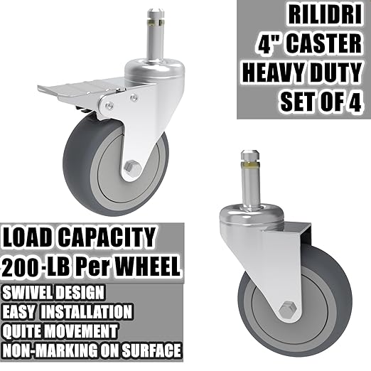 RILIDRI 4-Inch Swivel Stem Caster, 7/16-Inch Stem Diameter Rubber Wheel, Heavy Duty TPR Replacement Wheels for Rubbermaid Mop Bucket Cart Grill Casters - 4 Pack (2 Brakes 2 Swivel)