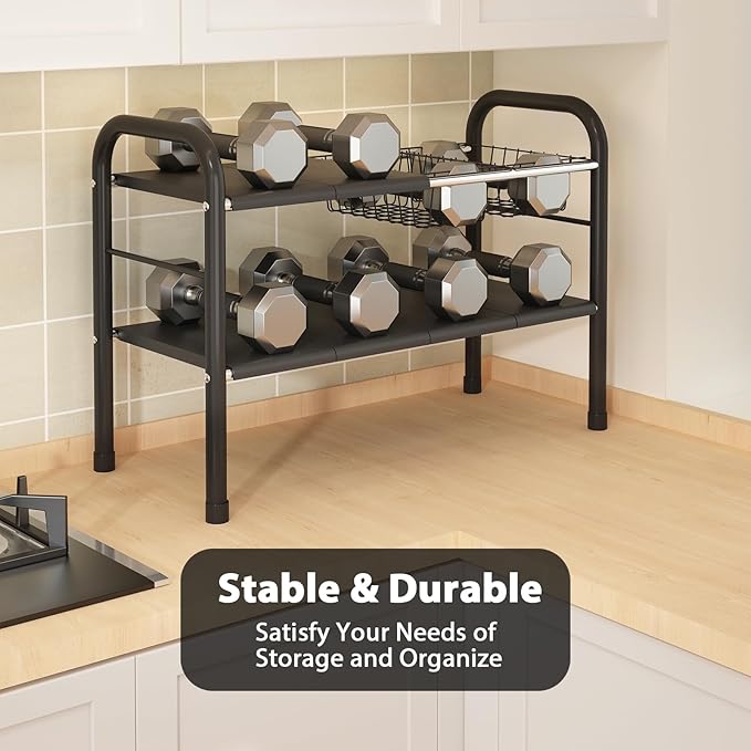Expandable Under Sink Organizer, 2 Tier Under Sink Shelf with 2 Removable Baskets and 6 Removable Panels for Cabinet Sink Cloakroom Wardrobe Closet Storage(Black, 17.71”-32”Length