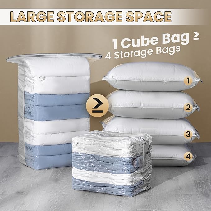 TAILI 6 Pack Vacuum Storage Bags, Cube Space Bags (3 Jumbo +3 Medium), Combo Vacuum Seal Bags for Clothing, Bedding, Comforters, Blankets, 2 Size Closet Oragnizaer and Saving Space