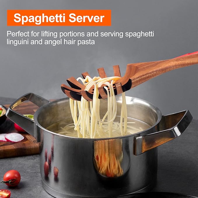 Wooden Pasta Spoon with Teeth Spaghetti Fork Tongs 12.5 Inch Pasta Forks Serving Utensils Acacia Wood Spaghetti Server Spoons Ladle Pastas Spatula Kitchen Tool Spaghettis Scoop Strainer Noodle Spoon