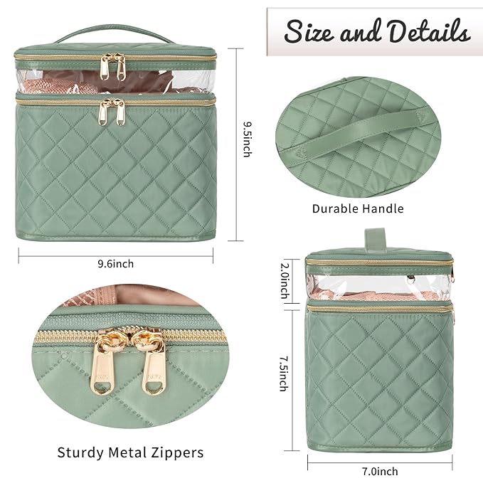 OCHEAL Large Makeup Bag, Double Layer Makeup Bag, Vertical Storage Cosmetic Case for Women/Girls with Multiple Compartments-Green
