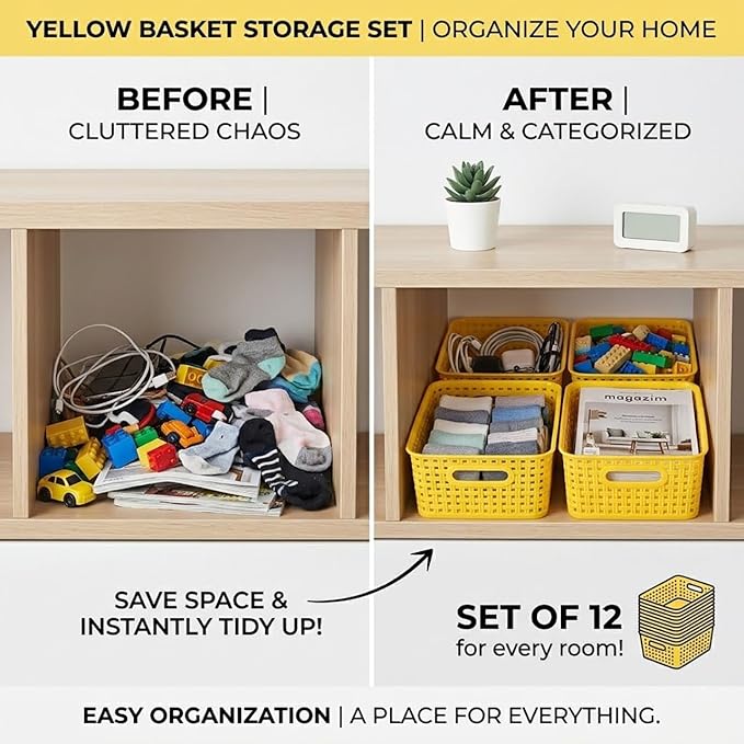 Yellow Plastic Organizer Baskets, 12-Pack Stackable Pantry Storage Baskets, Small Baskets for Shelves, Bathrooms, Kitchens, Laundry Room, Classrooms, Cabinets and Bedrooms