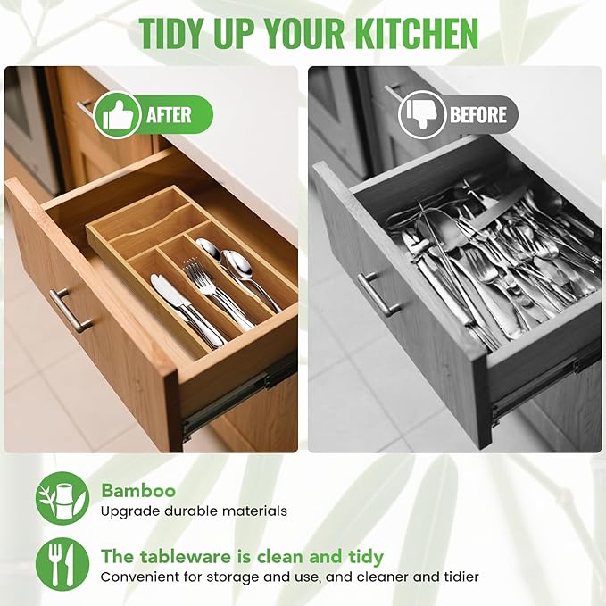 Small Silverware Organizer, Bamboo Kitchen Drawer Cutlery Organizer