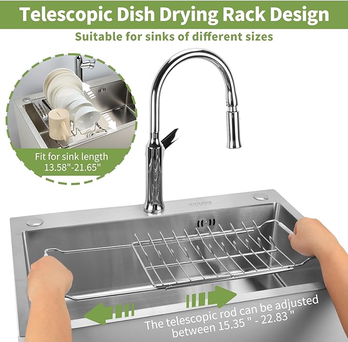 Space Saving Dish Drying Rack Small - Expandable Telescopic Over The Sink Drying Rack,304 Stainless Steel Dishrack for 13.58" - 21.65" Sinks.(Large)