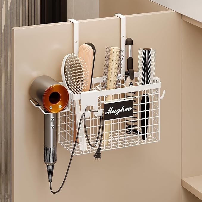 Magheo Hair Dryer Holder Cabinet Door 3-in-1 Adhesive Hair Tool Organizer Wall Mounted Adjustable Height Blow Dryer Holder Under Sink Bathroom Hair Appliance Organizer and Storage Countertop(White)