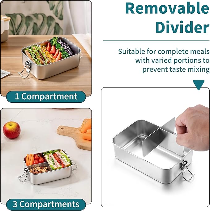 TeamFar Stainless Steel Bento Box, 28oz/850ML Metal Lunch Box with Leak-Proof Lid for Adults/Kids, Lunch Food Containers with 3 Compartments for School/Work/Meal Prep, Heavy Duty & Dishwasher Safe