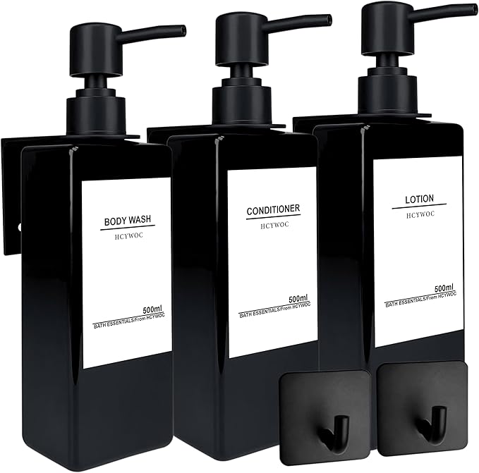Shampoo Dispenser for Shower Wall, Shampoo and Conditioner Dispenser with 16 Waterproof Labels, No Drill Shower Soap Dispenser Bathroom, Shower Soap Dispenser Wall Mounted 3 Chamber, 17oz,Black