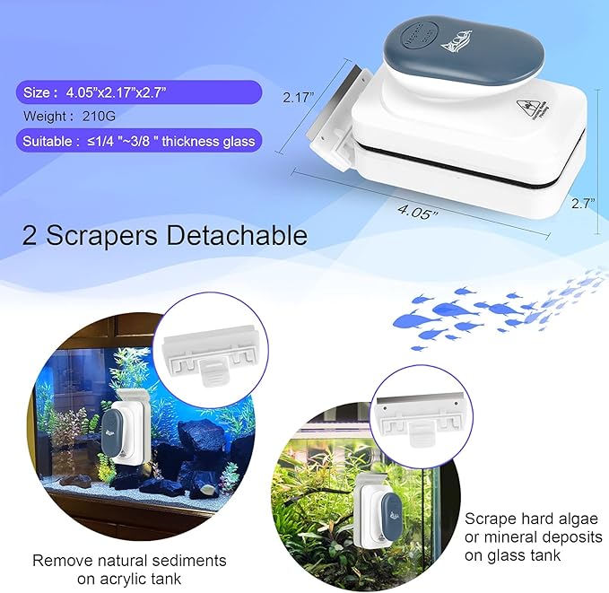 AQQA Aquarium Strong Magnetic Cleaner Brush, Fish Tank Glass Algae Magnet Cleaning Tool Floating Cleaner Scrubber Brush with 2 Detachable Scraper